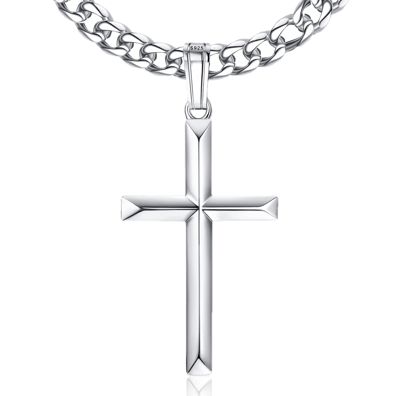 MILACOLATO Collar Cruz Plata 925 Para Hombre Mujer Colgante De Croix Con Borde Biselado Altamente Pulido Con Cadena De Eslabones Cubanos Corte De Diamante De Acero Inoxidable Necklace Joyería 46-76cm