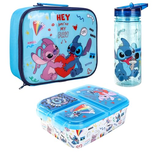 Disney Stitch Kids Childrens Lunch Box Set Insulated Lunch Bag Multicompartment Lunch Box & 580ml Water Bottle - School Travel Lunch Food Set BPA Free