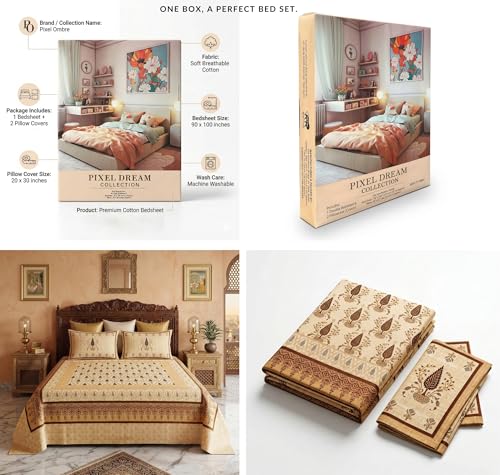Image of BSB HOME 240 TC Cotton King Size Bedsheet, Premium Soft Double Bed Sheet, Breathable & Skin Friendly Bed Cover, Elegant Printed Bedsheet, Durable, 90 x 100 Inches (229 x 254 cm) - Honey Beige