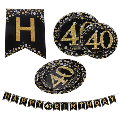 LOGOFUN Happy 40th Birthday Banner 40th Birthday Party Disposable Paper Plates for Adult Birthday Pa