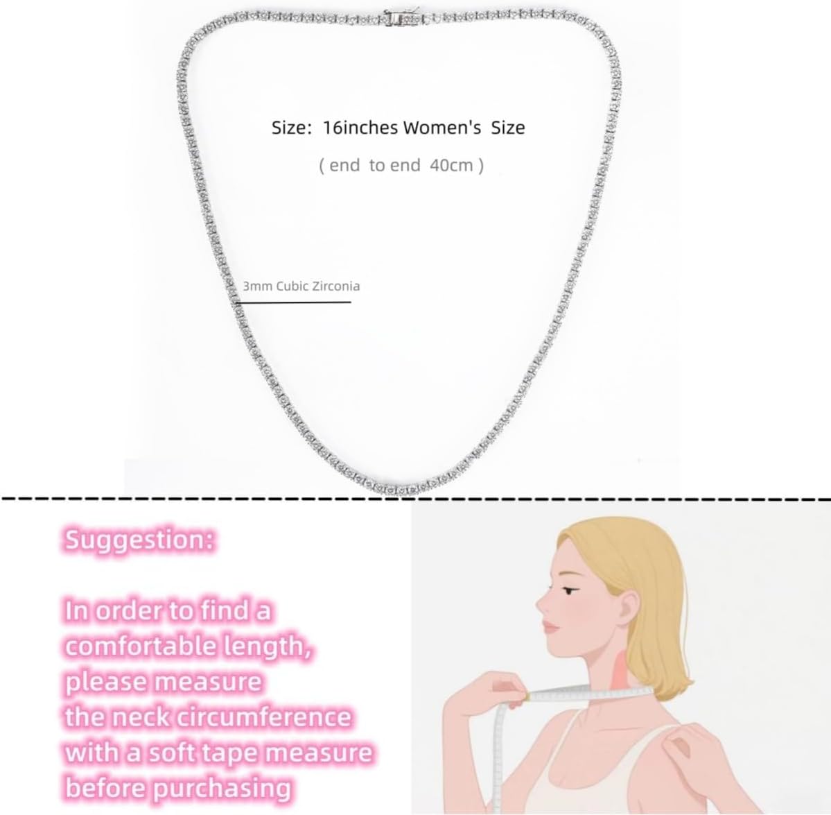 LMWTJE Tennis Necklaces for Women Men | 18K White Gold Plated 3.0 mm Round Cubic Zirconia Diamond Chains | Classic Tennis Chain Necklace Size 16-20 inches - Image 2