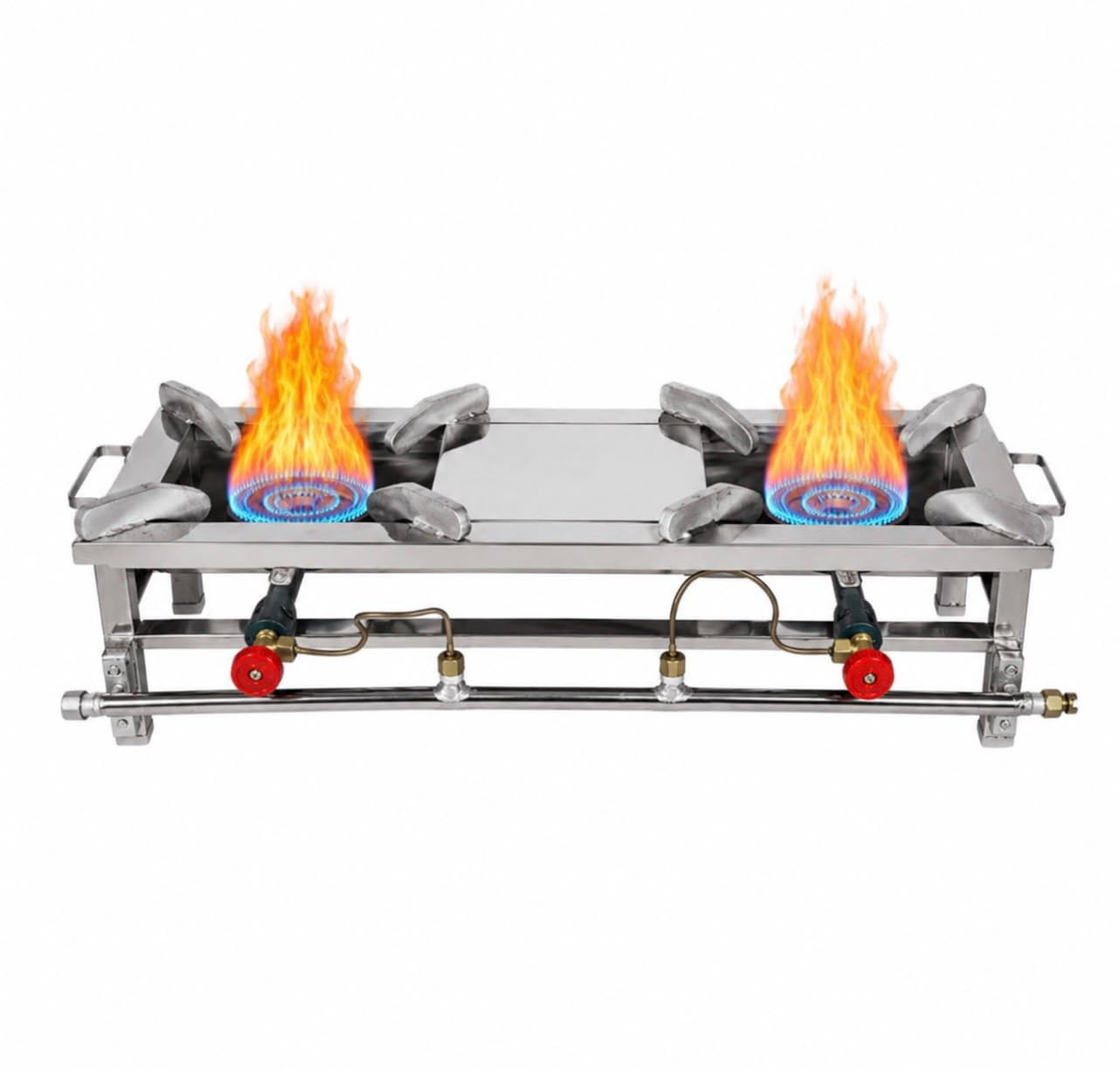Two Burner Stainless Steel Square Chulha Canteen Bhatti Commercial Gas Stove - Silver, Manual (Size-L34XB12XH10)-image-32