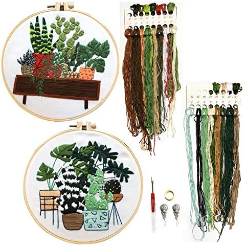 2 Pack Embroidery Kit with Pattern, DOITEM Full Range of Stamped Embroidery Kit Including Embroidery Cloth with Pattern, Embroidery Hoop, Color Threads and Tools Kit