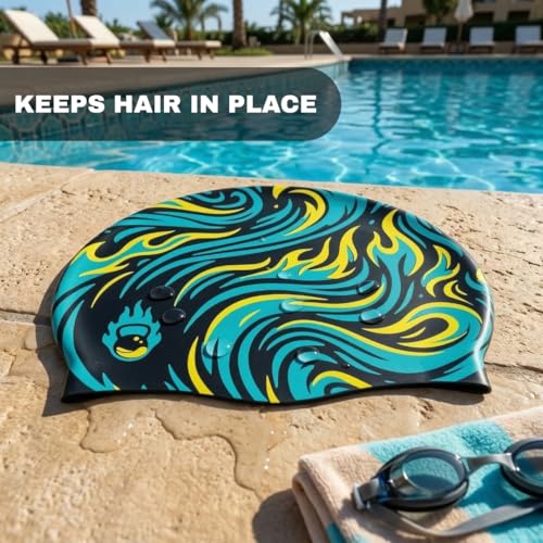 Image of Burnlab Silicone Swimming Cap for Pool Training and Daily Use, Comfortable Stretch Fit, Adult (Black Flame)