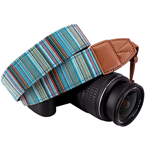Wolven Pattern Canvas Camera Neck Shoulder Strap Belt Compatible With All DSLR/SLR/Men/Women etc, Cyan Stripe Pattern