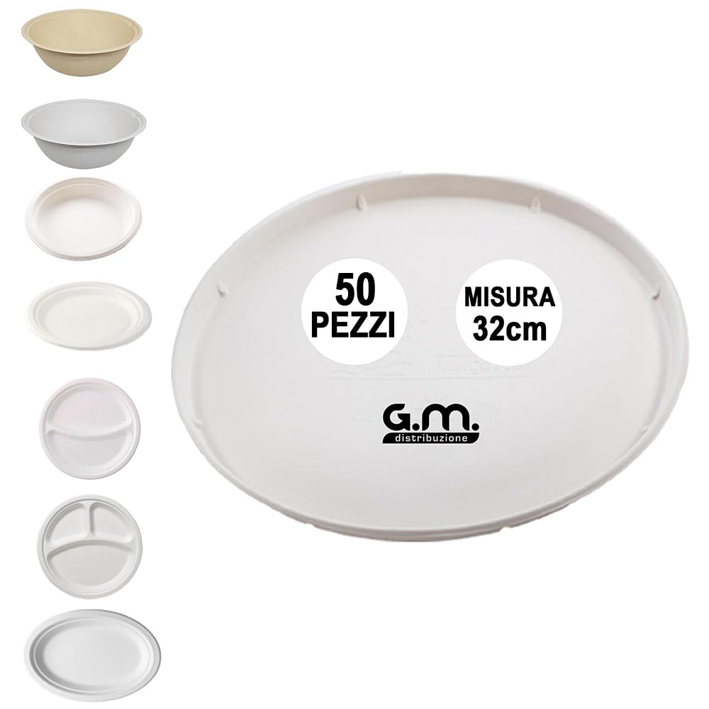 50 Piatti Pizza Bianchi in Polpa di Cellulosa 32cm, Ideale per Pizza, Piatti Impermeabili adatti al Microonde, Biodegradabili e Compostabili