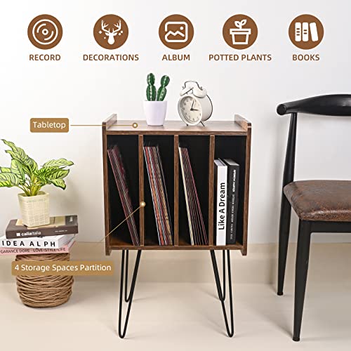 Zedesey Record Player Stand, Vinyl Record Holder Turntable Stand With Metal Legs Record Storage Vintage End Table For Living Room, Bedroom, Rustic Brown #TOP4