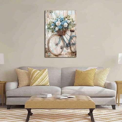 Tableau sur toile vintage vélo et roses bleues 80x120cm sans cadre pour salon
