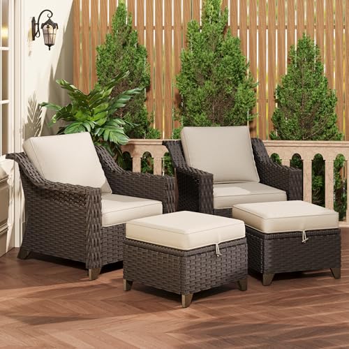Image of 4 Piece Patio Furniture Set, Wicker Outdoor Conversation Set | Patio Chair Set with Olefin Removable Cushion, All-Weather Outdoor Couch with Deep Seat for Porch, Deck and Backyard, Beige