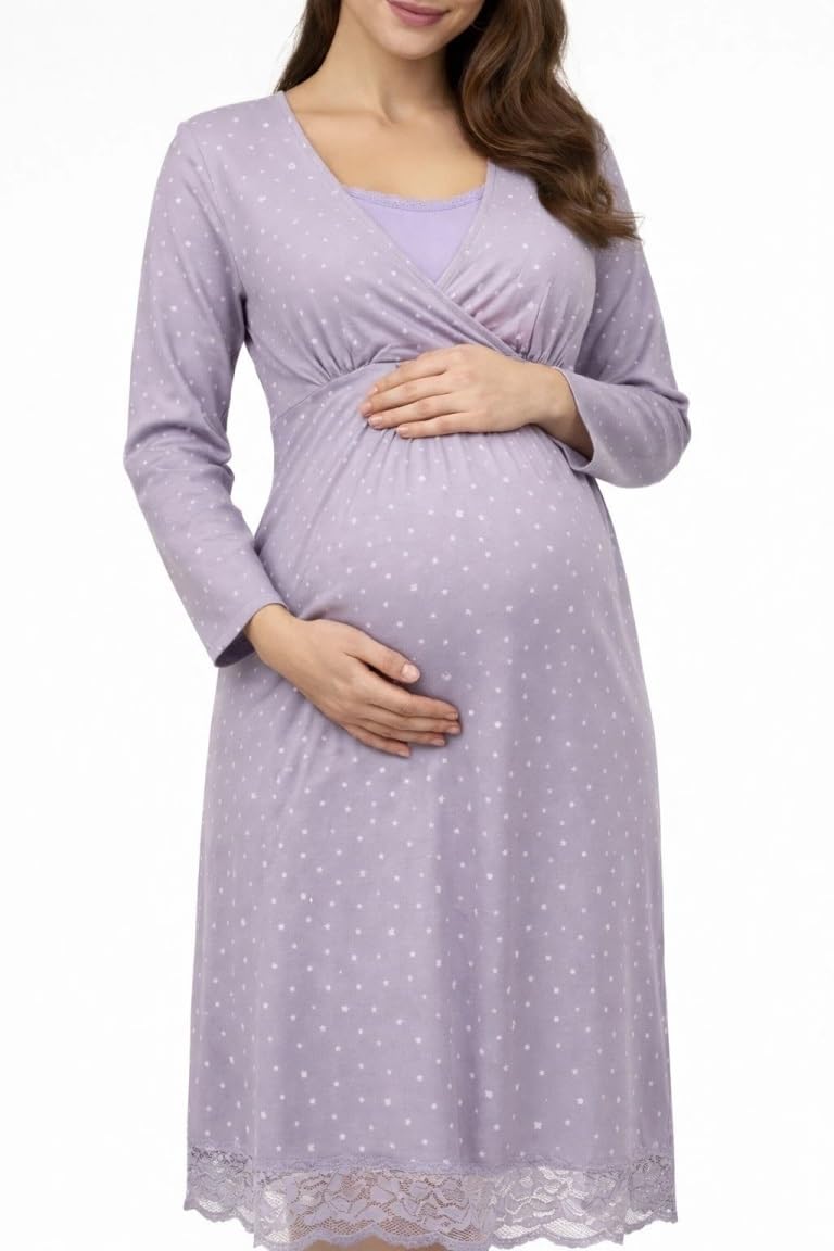 Promise Camicia da Notte Lunga Premaman Allattamento Cotone Viscosa IT 46/48 Lavanda
