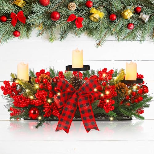 Christmas Triple Candelabrum Centerpiece with LED Candles, String Lights, Bow, Pine Cones - For Home Decor