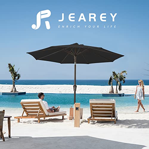 Image of JEAREY 9FT Outdoor Patio Umbrella Outdoor Table Umbrella with Push Button Tilt and Crank, Market Umbrella 8 Sturdy Ribs UV Protection Waterproof for Garden, Deck, Backyard, Pool (Black)