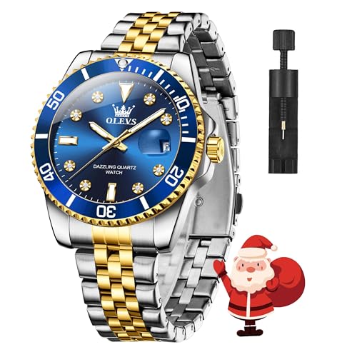 OLEVS Watches for Men Blue Silver and Gold Men's Watch Stainless Steel Dress Waterproof Man Watch Luxury Classic Two Tone Watch Men Fashion Large Face Analog Quartz Wrist Watch Reloj Hombre