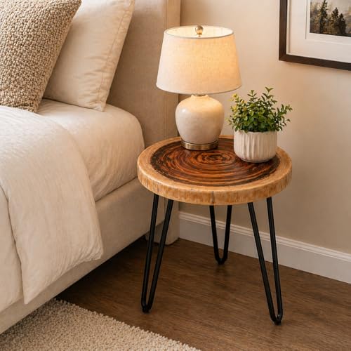 Image of Sheesham Wood Live Edge Side Table | Rustic Wooden End Table with Hairpin Metal Legs | Solid Tree Slice Coffee Table for Living Room, Bedroom 14'' Top x 18'' H