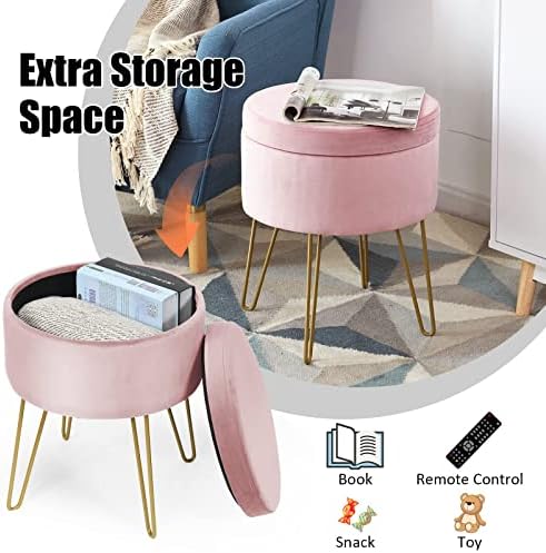 CASART 2-In-1 Storage Velvet Ottoman, Upholstered Vanity Round Footstool with Removable Cover, Bedroom Living Room Dressing Table Stool (Pink, 42 X 42 X 47cm)