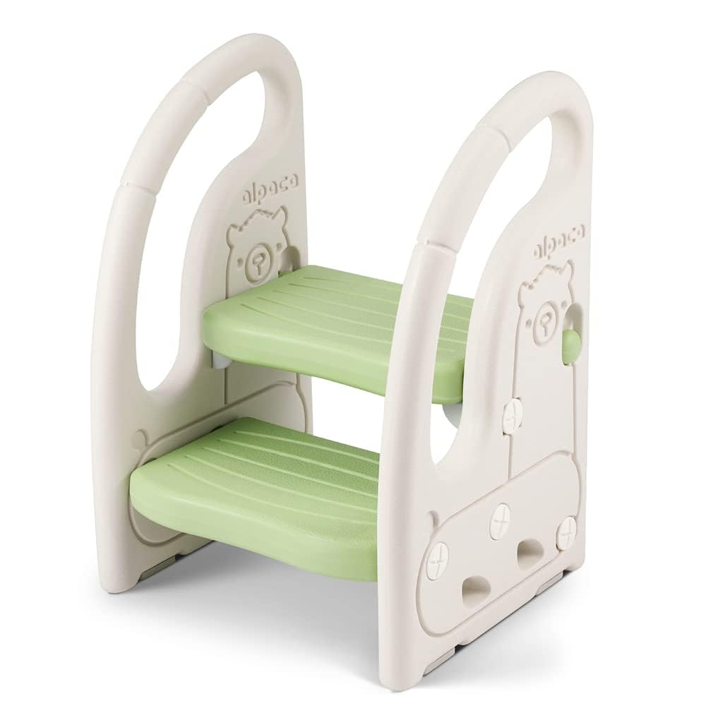 Onasti Green-White Step Stool For Kids, Toddler Step Ladder With Handles, Height Adjustable 2 Step Stool, Plastic Ladder/Toddler Helper Stool For Potty Training, Bathroom Sink, Bedroom & Kitchen (Green-White)
