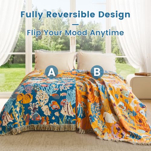 Image of MSGKV Boho Throw Blanket 50 inchx60 inch 100% Cotton Ocean Blanket for Couch