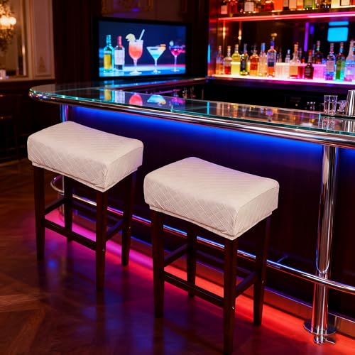 Image of Waterproof Rectangle Bar Stool Covers Set of 2 Stretch Beige Diamond Jacquard Backless Barstool Chair Covers 2 Pack Washable