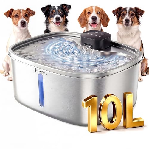 Pokpet Water Fountain for Dogs Home Outdoor Multi-Pet Stainless Steel 10L/2.64gal Wireless Large Dogs Motion Sensor Dispenser Filtered Cordless Bowl Waterer -Wireless Stainless Steel&1Filters