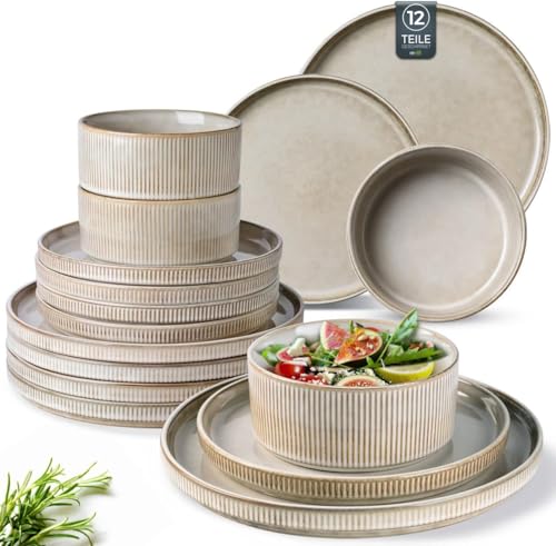 GBhome Steingut Geschirrset 4 Personen, 12-tlg Reaktive Glasur...