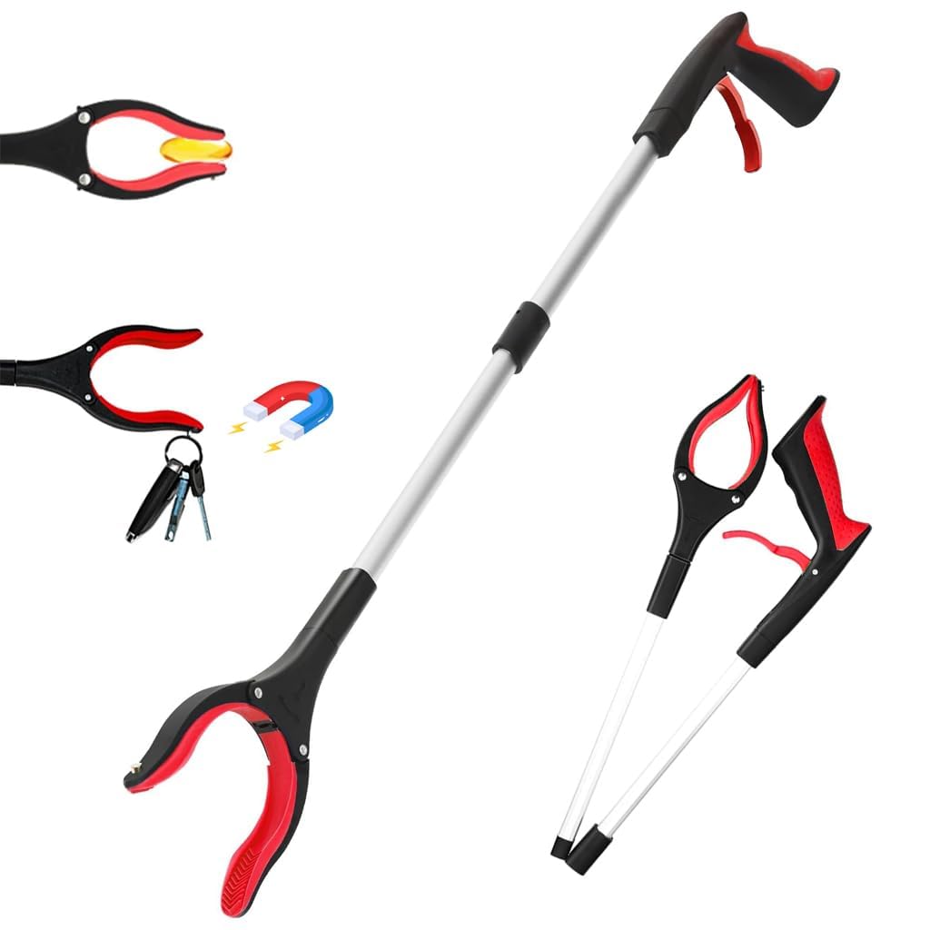 Foldable Grabber Reacher Tool, 32-Inch Long Reach Claw Pick-Up Stick with Magnetic Tip, Rotating Anti-Slip Jaw, Lightweight Aluminum Trash Picker for Elderly, Garden, Home & Outdoor Cleaning