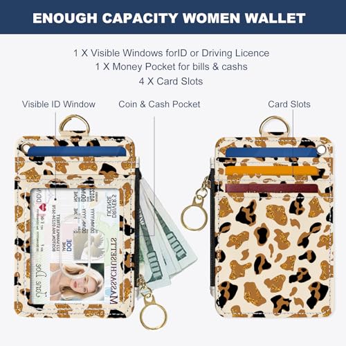 Slim Wallet Credit Card Holder, Brown Leopard Print, RFID Wallet Women Cute Small Front Pocket Wallet With Zipper, PU Leather Thin travel RFID Blocking Card Case ID Window,Ladies Gifts2