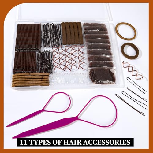 Teenitor Bobby Pins Hair Pins Hair Net Kit, 227 Bobby Pins for Women U Shaped Hair Pins, Hair Nets for Buns Spiral Pins, Hair Ties and 2 Hair Styling Tools for Women Girls Dance Ballet Brown - Thumbnail 7
