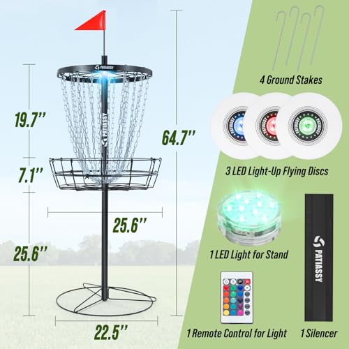 Patiassy Portable Disc Golf Basket, 24/12 Detachable Chains Disk Golf Target with Sound Reducer for Quiet Practice, Night Practice Set with Remote LED Light, 3 Light Up Discs & 4 Ground Stakes by Patiassy - Image 8