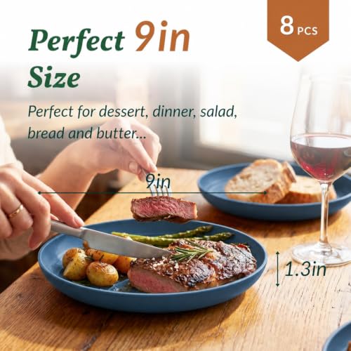 Image of Homienly Unbreakable 8 Pcs Deep Dinner Plates Reusable Plastic Wheat Straw Plates Set Lightweight Kitchen Plates for Salad, Lunch, Dessert, Microwave & Dishwasher Safe Plates for Camping (Blue, 9 In)
