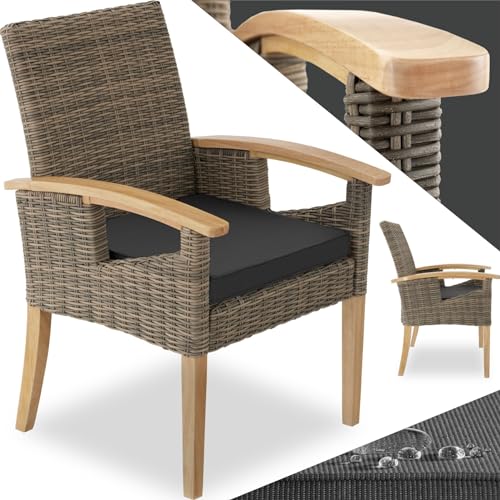 tectake® Silla de Ratán con Patas y Reposabrazos en Madera, Muebles Jardín Exterior Resistentes a la Intemperie, Silla para Conjunto Jardín Exterior, Cojín Lavable y Extraíble, Fácil Montaje - natural