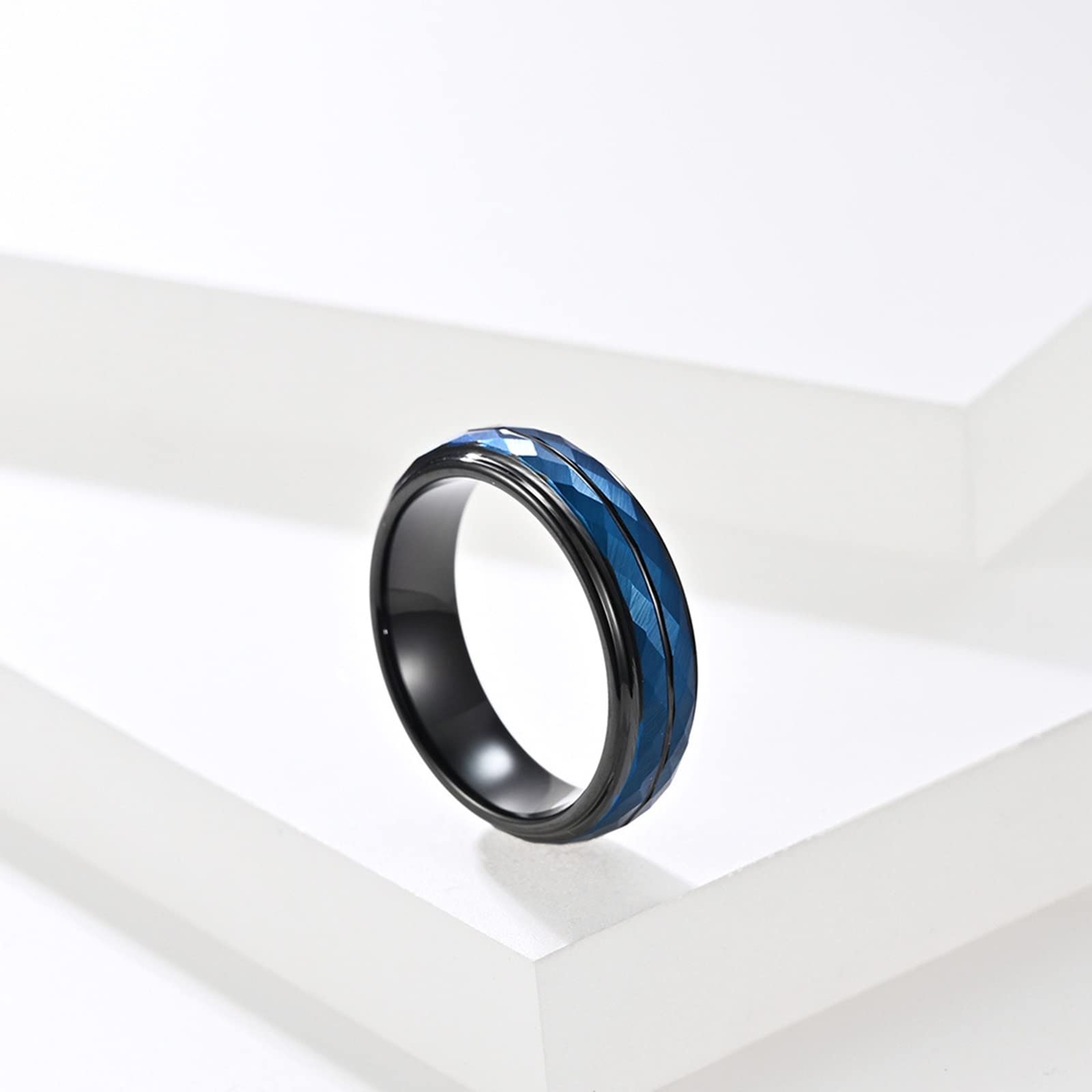 Epinki 2 Pezzi Anelli Fidanzamento, Anello Coppia 5MM Geometrico Blu Nero Tungsteno Anello per Matrimonio