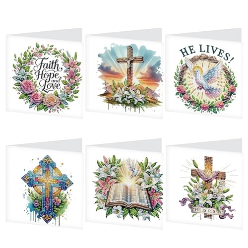 Image of AiYuanzsh 6 Pack Diamond Art Greeting Cards with Envelopes, Religious Diamond Painting Cards Kit, DIY 5D Diamond Art Cards Set, Cross Bible Dove Designs for Christmas, Birthday, Holiday