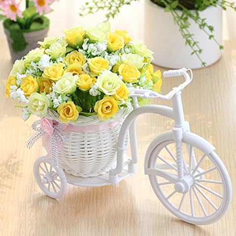 Mokyler Artificial Flowers with Rattan Bicycle,Plastic Floral Fake Silk Flower Garden Nostalgic Bicycle Mini Tricycle for Home Wedding Office Hotel Table Desk Ornament Cover