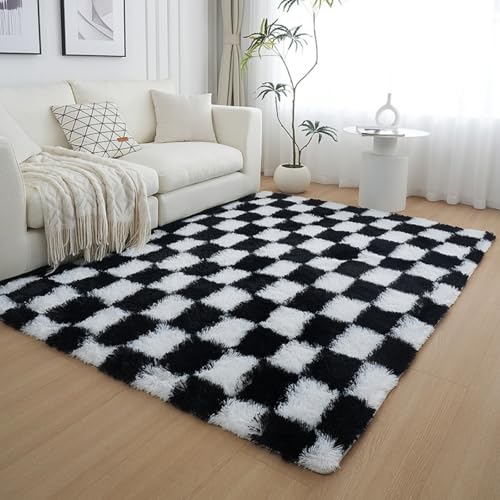 Treer Alfombra Salon Pelo Largo Grande, Alfombra Mullida Salon Rectangular Lavable Antideslizante Alfombras Habitacion Matrimonio para Hogar, Sala de Estar, Dormitorio, Sofá (Negro Blanco,5x7FT)