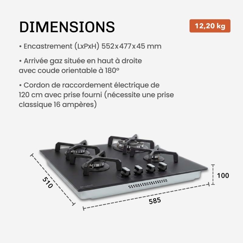 BELDEKO Plaque Gaz 4 Feux 8000W Noir Mat Grilles Fonte - Marque Française