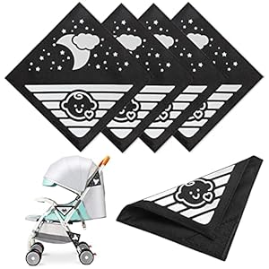 4 Stück Reflektoren für Kinderwagen Universal Sicherheits Reflektoren mit Klettverschluss,Ideal für Buggy, Fahrräde, Anhänger und mehr,Süsses Babys & Wolken Mond Sterne Motiv-Schwarz