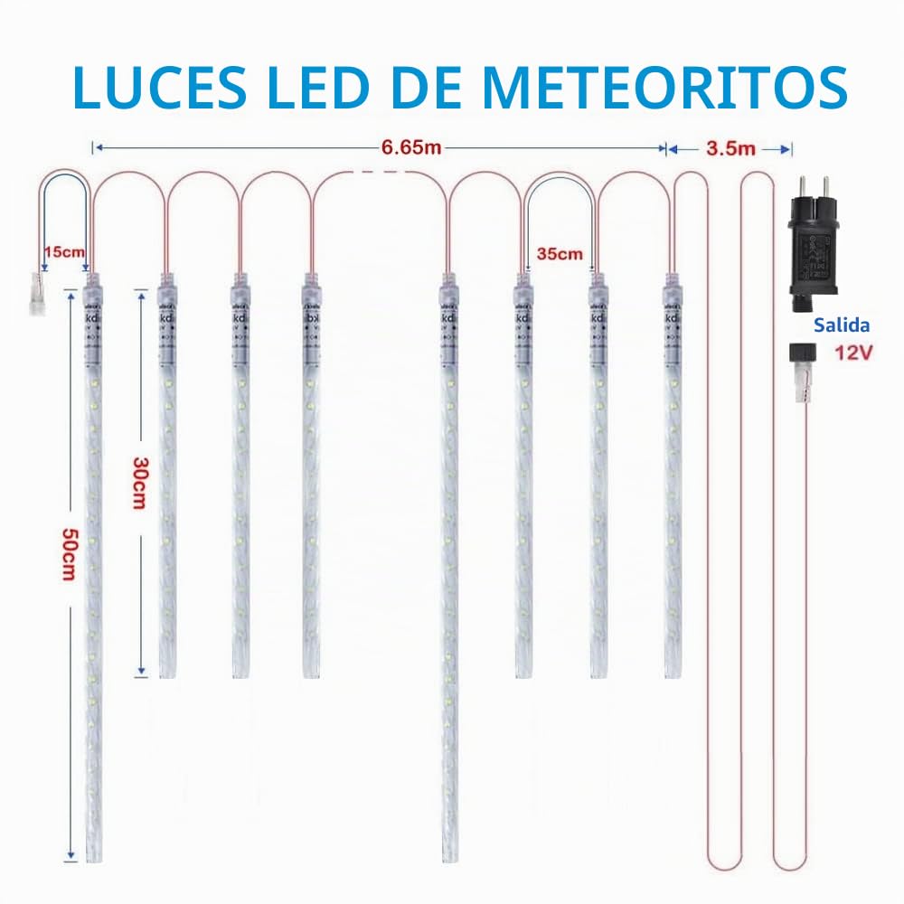 Luces de Navidad al aire libre, Luces de Lluvia de Meteoros 20 Tubos Espirales (50-30cm 720LEDs) Longitud 6.65m, Luces de Icicle Impermeables para Decoración Navideña al Aire Libre, Blanco-Azul