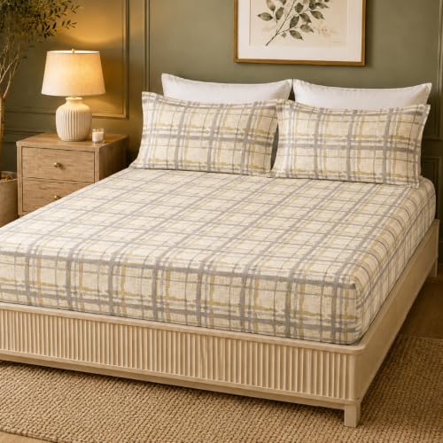 Image of LANE LINEN Symphony | 100% Cotton Sheet Set | Soft & Breathable Fabric | 3 Piece (1 Bedsheet + 2 Pillow Covers) | King Bed Sheet Set - Yellow & Grey Linear Grid
