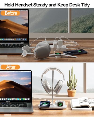 HiWe 3-in-1 Headphone Stand - Universal Desktop Gaming Headset Holder with Wireless Charger for Phones/AirPods/iWatch, Aluminum Alloy Rod, Leather Pad, ABS Solid Base, White - Image 6
