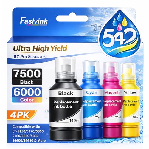 Faslvink Compatible for 542 Ink Refill Bottles 4 Pack Replacement for Epson 542 Ink Refill Bottles Use with EcoTank Pro ET-5150 ET-5170 ET-5800 Ink Refill ET-5180 ET-5850 ET-5880 ET-16600 Printer
