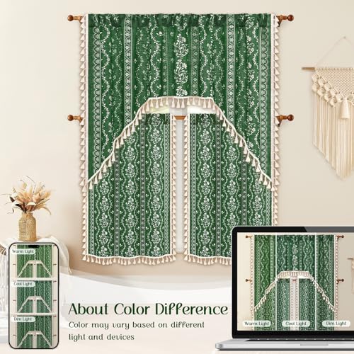 Image of Yinhua Boho Swag Valance Curtains Vintage Linen Valances for Windows Light Filtering Floral Kitchen Valance Rod Pocket Rustic Tassel Window Valances for Bathroom Cafe, 60 inch W x 36 inch L, Olive Green