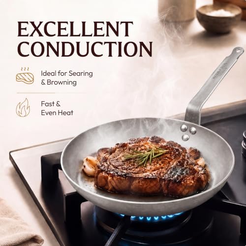 Image of Mauviel M'Steel Black Carbon Natural Nonstick Frying Pan With Iron Handle, 11-in, Suitable For All Cooking Surfaces, Made in France