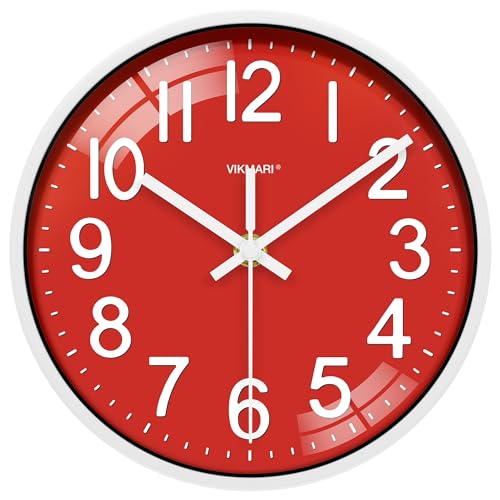 VIKMARI Reloj de Pared Moderno 20 cm, Rojo Pequeño y Silencioso con Movimiento de Cuarzo - Ideal para Salón, Cocina, Dormitorio y Oficina