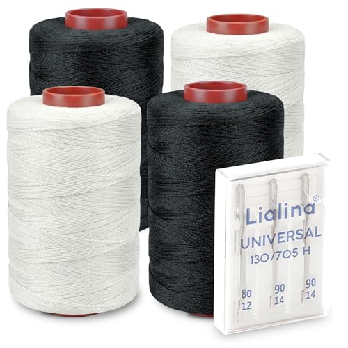 Lialina Juego de hilo de coser con agujas para máquina de coser, 4 x 1000 m, color blanco y negro, 100% poliéster, certificado Oeko-Tex/grosor 120, hilo de coser resistente para máquina de coser