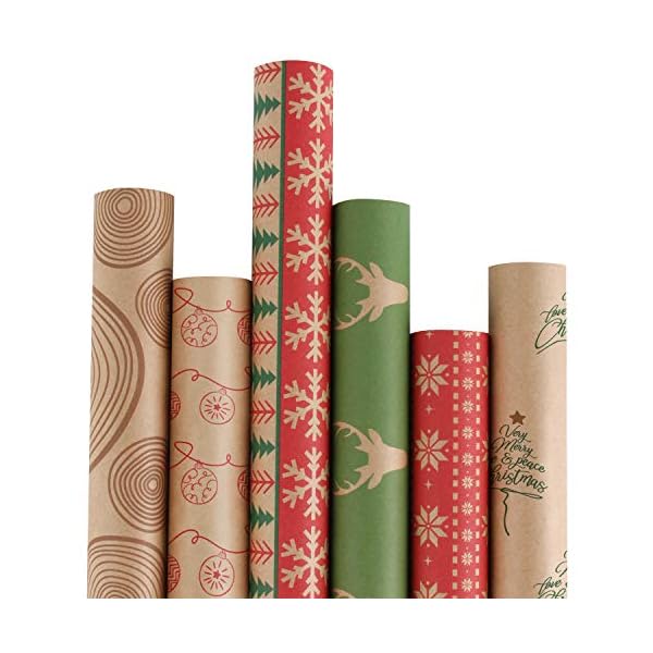 RUSPEPA Weihnachts-Geschenkpapier – Braunes Kraftpapier mit rotem und grünem Muster für Geschenk-Weihnachtselement…