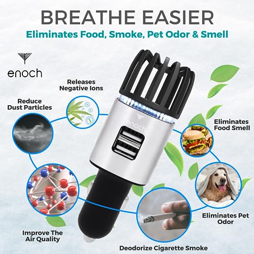 Image of Enoch Car Air Purifier Premium Air Ionizer - 12V Plug-In Ionic Ozone Deodorizer Accessory with Dual USB Car Charger - Eliminates Cigarette Smoke, Pet and Food Odors, Dust (Gray Silver)