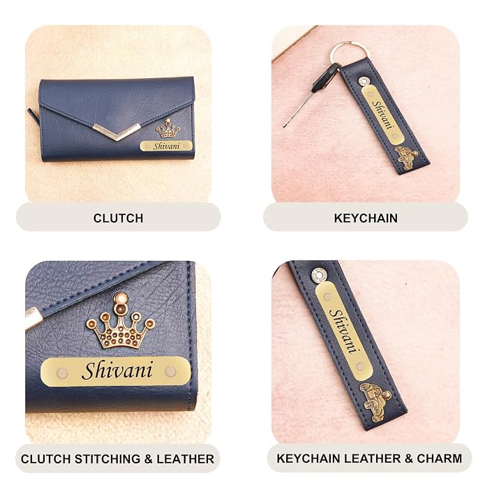 Image of WALLETKART Personalized Leather Women's Clutch with Name & Charm | Customized Clutch for Girlfriend Friend Wife Mother & Sister