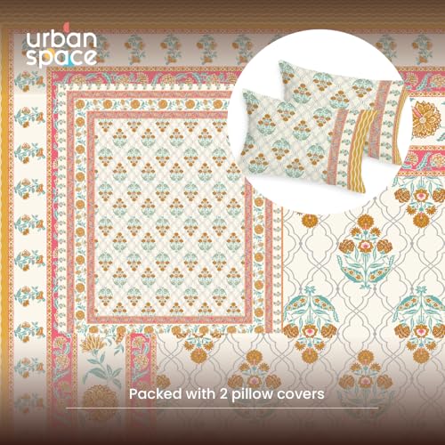 Image of Urban Space 100% Cotton Handcrafted Premium Printed Double Size Bedsheet with 2 Pillow Covers, 240 TC Cotton Double Bedsheet (90 x 100 Inches, Amberjaal Yellow)