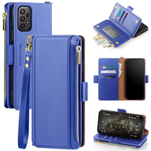 Antsturdy Samsung Galaxy A23 5G Wallet case with Card Holder for Women Men,Galaxy A23 4G Phone case RFID Blocking PU Leather Flip Shockproof Cover with Strap Zipper Credit Card Slots,Purple Blue