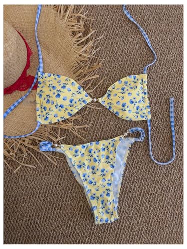 Image of RoseSeek Women's Floral Print Cheeky Bikini Sets Pearl Decor Halter Triangle High Cut String Thong Swimsuits